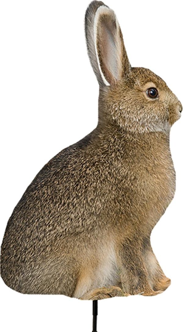 Cardboard cutout of a brown rabbit with detailed fur texture and upright ears, mounted on a black stand.