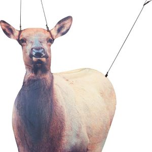 Lifelike 3D elk archery target with printed texture, featuring brown and cream tones, suspended by wires.