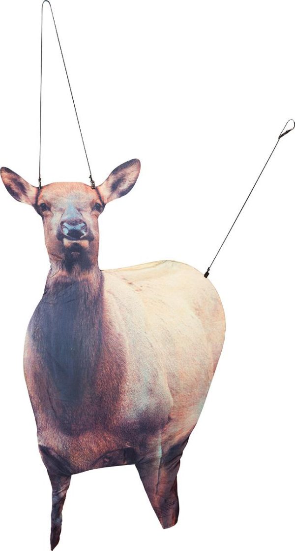 Lifelike 3d elk archery target with printed texture, featuring brown and cream tones, suspended by wires.