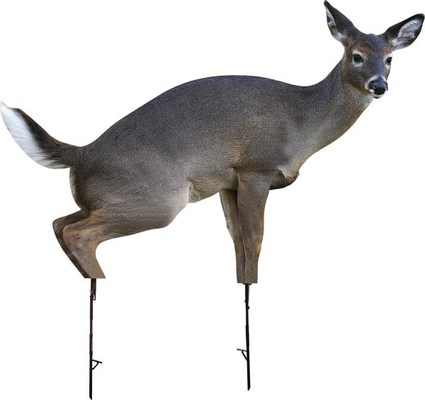 Cutout image of a lifelike 3d deer target with detailed brown and gray fur, white underbelly, black hooves, and realistic antlers, mounted on metal stakes.