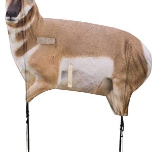 A pronghorn antelope hunting target with tan and white coloring, mounted on black metal stakes.
