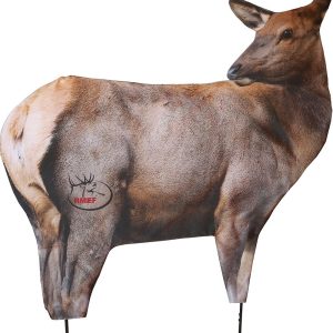 Alt text: Realistic elk target with brown and tan fur coloring, featuring the RMEF logo, used for firearms training in Casey, Iowa.