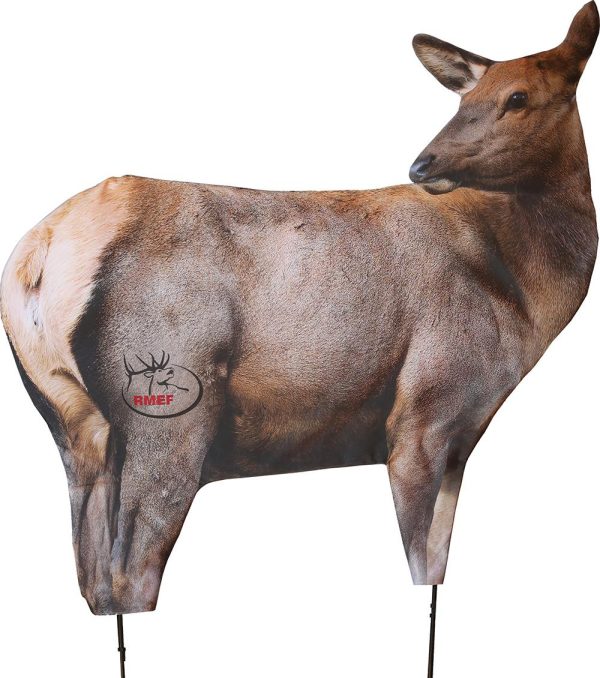 Alt text: realistic elk target with brown and tan fur coloring, featuring the rmef logo, used for firearms training in casey, iowa.