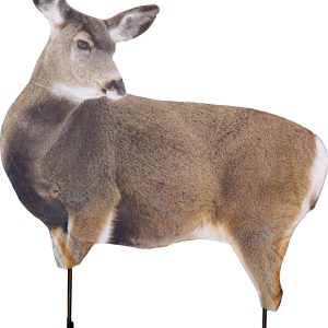 Cardboard cutout of a deer with realistic brown fur and white accents on a plain background.