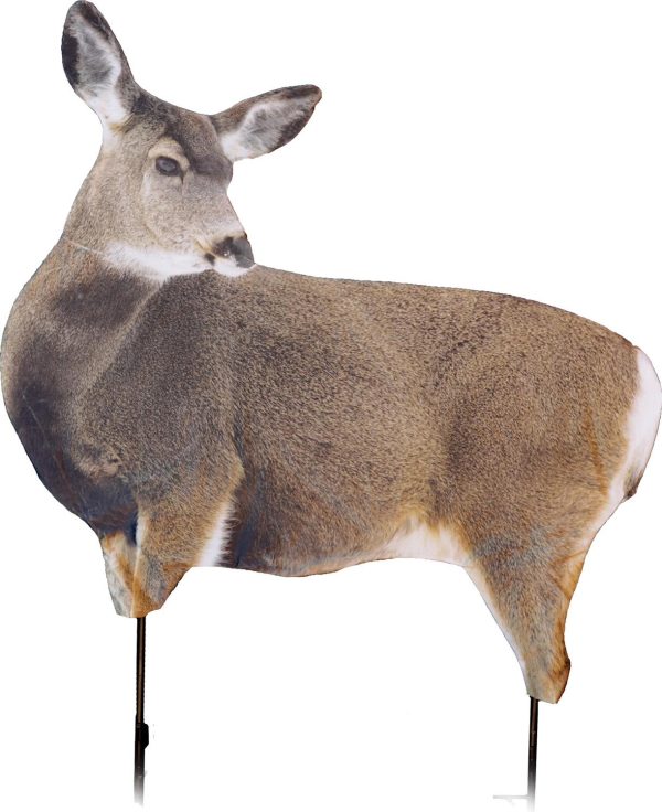 Cardboard cutout of a deer with realistic brown fur and white accents on a plain background.