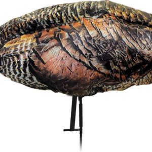 Alt text: Realistic turkey decoy with detailed brown, black, and orange feathers and a red head, mounted on black stakes.