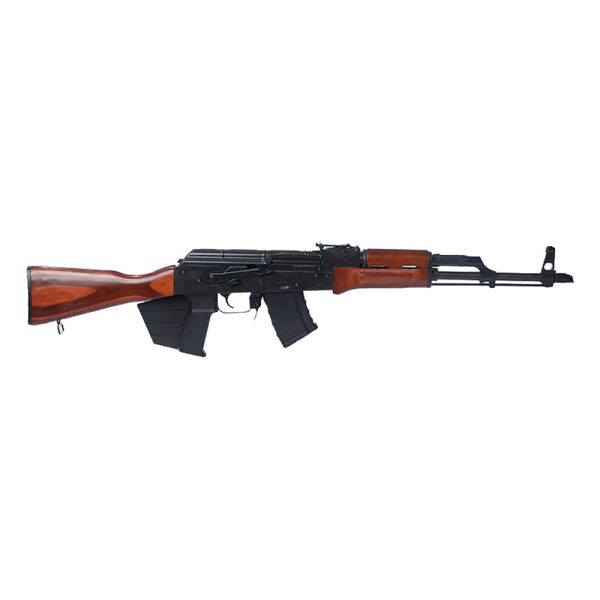 A black and wood finish ak-style rifle with wooden stock and foregrip, featuring a black magazine, set against a white background.
