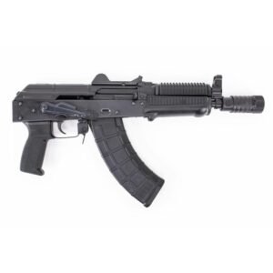 Black semi-automatic rifle with a curved magazine against a white background.