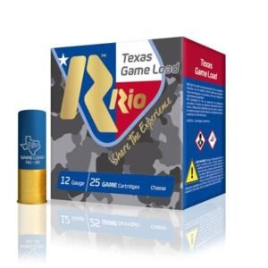 Blue and gold rio texas game load 12 gauge shotgun shell next to a blue, gold, and white rio ammunition box with camo pattern; keywords: firearms, guns, ammo, bag, iowa, casey iowa.