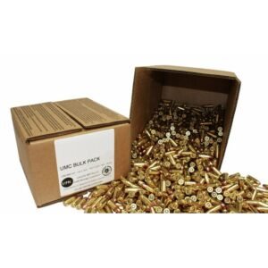 Box of umc bulk pack ammunition with gold-colored bullets spilling out, set against a white background.