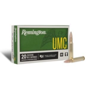 Box of remington umc 20 centerfire rifle cartridges with green and yellow branding, featuring two rifle bullets in front.