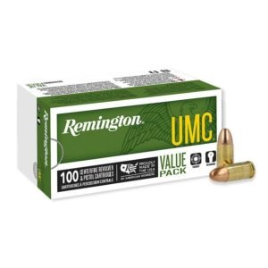 Remington umc ammunition box with green and white packaging, featuring two brass cartridges. Keywords: firearms, guns, ammo, bag, iowa, casey iowa.