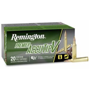 Box of remington premier accutip-v rifle cartridges, green and black packaging with images of bullets, 20 count.