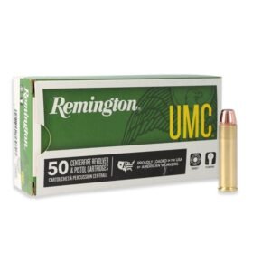 Remington umc handgun ammunition box, green and white with yellow text, featuring 50 centerfire revolver and pistol cartridges, one brass cartridge with copper-colored tip displayed upright.