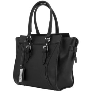 Black leather handbag with silver buckle details and tags, featuring sturdy handles and a side zipper, related to firearms and ammo in Casey, Iowa.