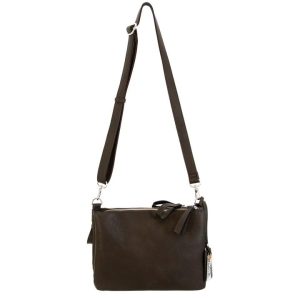 Dark brown leather crossbody bag with adjustable strap and zipper closure.