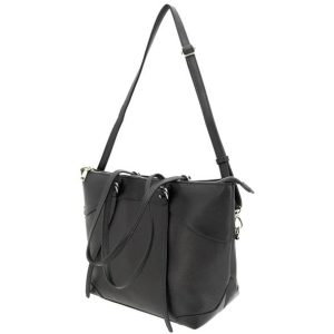 Black leather bag with dual handles and an adjustable shoulder strap on a white background.