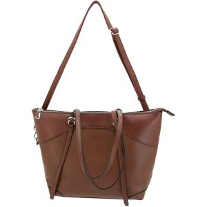 Brown leather handbag with dual straps and silver accents, suitable for carrying firearms and ammo, associated with Casey, Iowa.