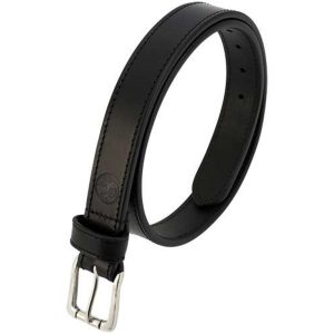 Black leather gun belt with a shiny silver buckle, suitable for carrying firearms and ammo, available in Casey, Iowa.