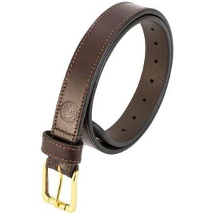 Brown leather belt with a gold buckle, detailed stitching, and a subtle embossed logo.