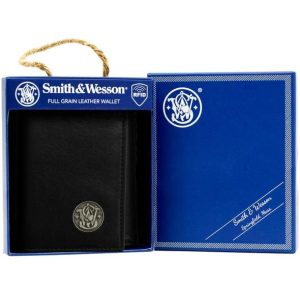 Smith & Wesson black full-grain leather wallet with an embossed logo, displayed in a blue and white branded box.