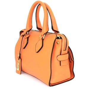 Orange handbag with black trim and gold hardware, featuring a structured design and dual handles.