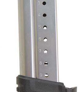 Magazine for a firearm, silver metal with black base marked "xds," shown upright against a white background.