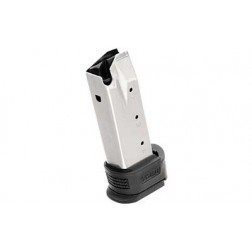 Silver handgun magazine with black baseplate on a white background.