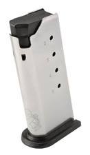 Silver gun magazine with black baseplate featuring four round indicator holes.
