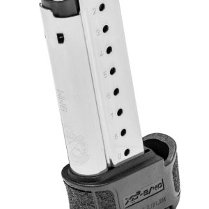 Silver firearm magazine with black grip base, marked with "9mm" and "xds-9/40," featuring number indicators for ammo capacity.