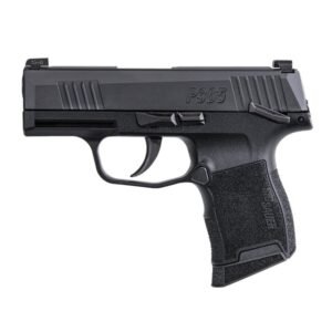 Black sig sauer p365 pistol with textured grip and compact design.