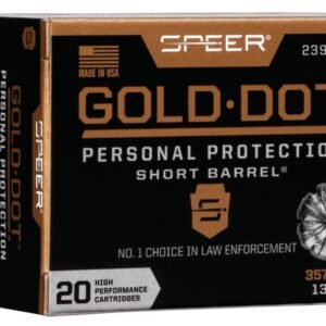 Speer gold dot personal protection ammunition box, black and gold design, labeled 357 mag 135 gr, featuring a metallic bullet image.