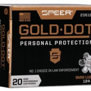 Box of speer gold dot 9mm luger 124 gr ammunition, black and copper packaging, with "made in usa" label.