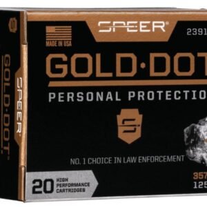 Box of speer gold dot personal protection ammunition, black and gold packaging, labeled. 357 sig, 125 grain, 20 high performance cartridges.