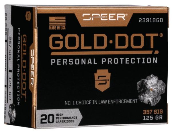 Box of speer gold dot personal protection ammunition, black and gold packaging, labeled. 357 sig, 125 grain, 20 high performance cartridges.