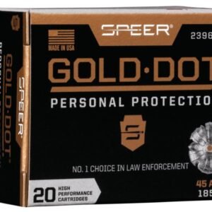 Box of speer gold dot personal protection ammo, 45 auto 185 gr, black and gold packaging, labeled as high performance cartridges, made in usa.