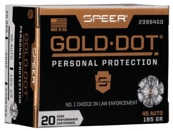 Box of speer gold dot personal protection ammo, 45 auto 185 gr, black and gold packaging, labeled as high performance cartridges, made in usa.