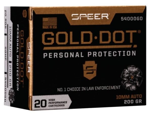 Speer gold dot personal protection 10mm auto 200 gr ammo box, featuring black and gold colors with text emphasizing high performance and law enforcement choice, 20 rounds per box.