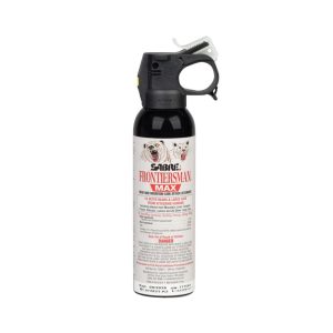 Alt attribute: Black canister of Frontiersman Max bear spray with white label and red text.