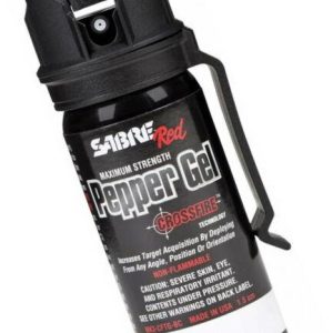Sabre Red pepper gel canister with black and red labeling, featuring a black trigger mechanism and clip.