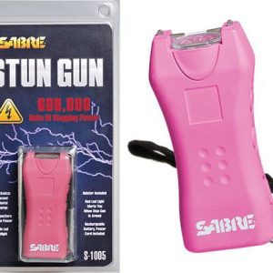 Pink Sabre stun gun in packaging showing "600,000 volts" and lightning graphics; includes wrist strap.