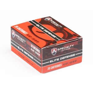 Box of specialty cartridge elite defense ammunition,. 45 acp, 185 gr hp, with red and black design, labeled with 20 cartridges.