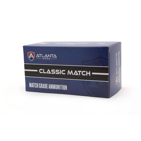 Box of atlanta arms classic match grade ammunition in blue packaging.