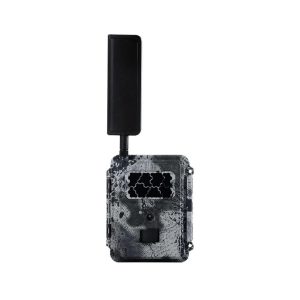 A black and gray camouflage trail camera with a large black antenna, featuring a textured and rugged design ideal for outdoor use.