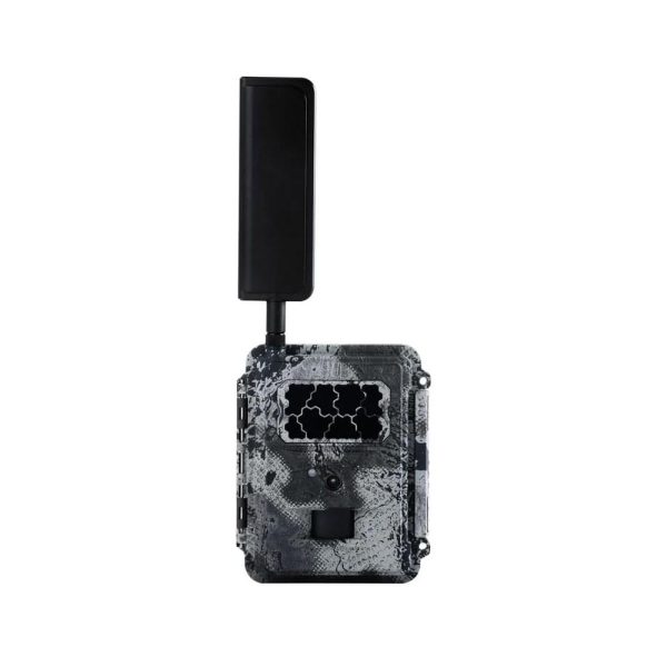 A black and gray camouflage trail camera with a large black antenna, featuring a textured and rugged design ideal for outdoor use.