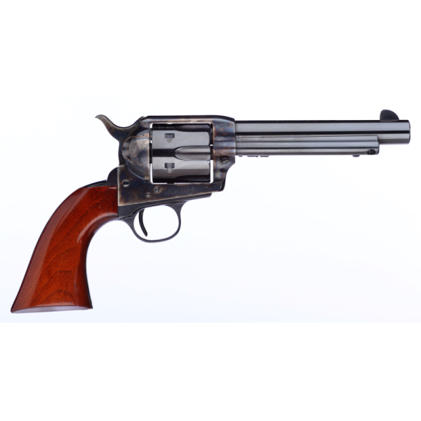 Colt single action army revolver with a blue steel finish and rich brown wooden grip, showcased against a white background.