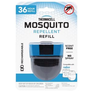 Thermacell Mosquito Repellent refill pack featuring a blue and black container; scent-free and no spray design.