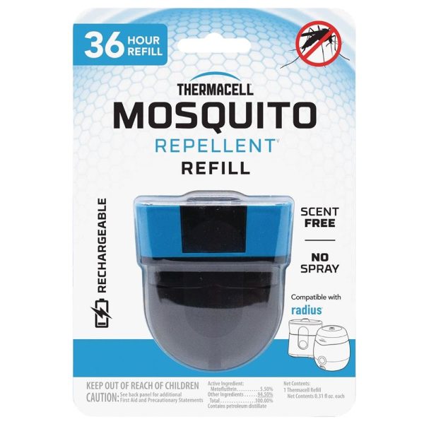 Thermacell mosquito repellent refill pack featuring a blue and black container; scent-free and no spray design.