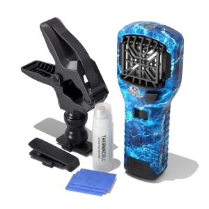 Blue camouflage ThermaCELL device with black clip accessory, white fuel cartridge, and blue repellent mats.