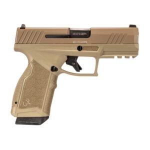 Tan and black semi-automatic handgun with textured grip.